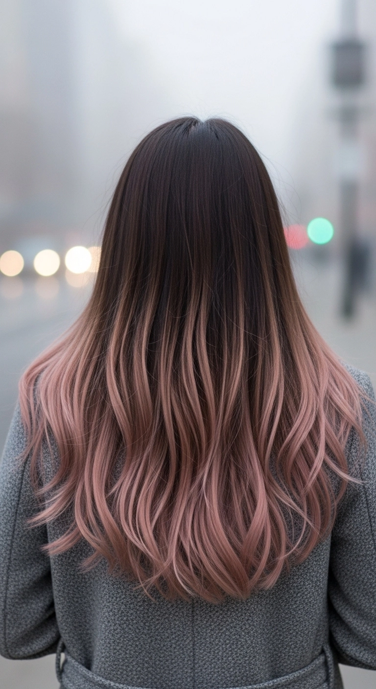 Dusty Rose Gold Ombre Balayage on Long Layered Hair