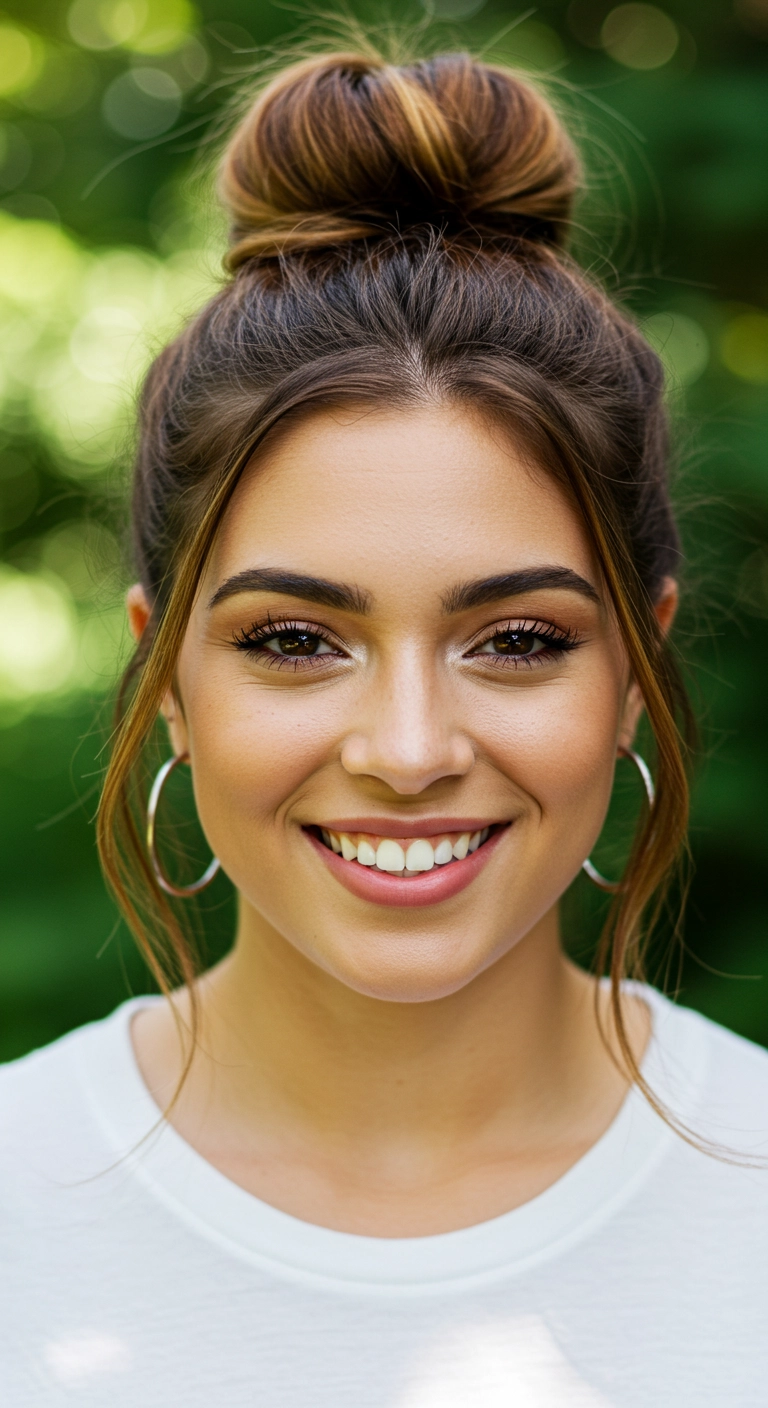 High Sleek Top Knot with Soft Face-Framing Tendrils