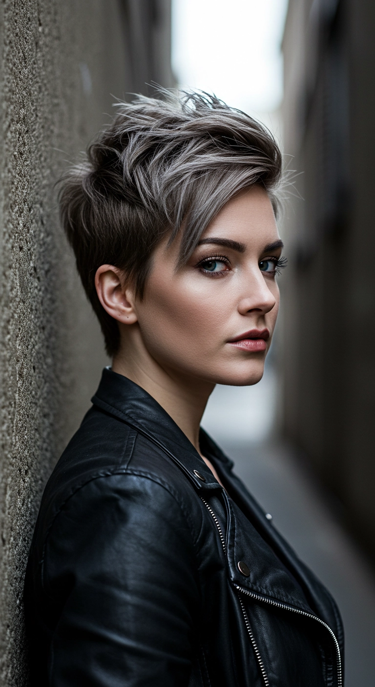 Smoky Ash Textured Pixie Cut with Side-Swept Fringe