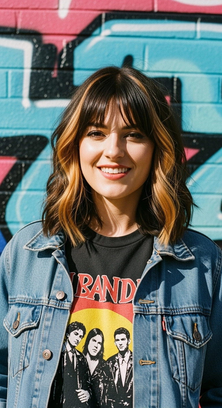 Wavy Lob with Chunky Blonde Money Piece and Wispy Bangs