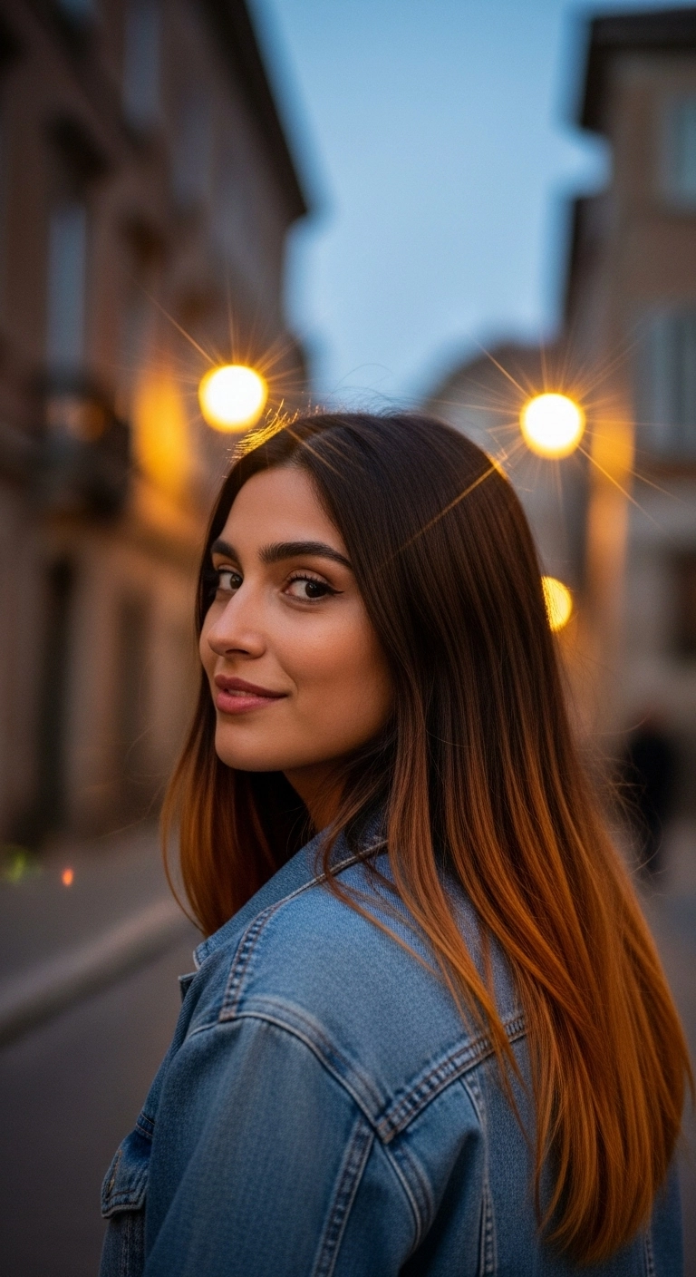 Warm Caramel Balayage Ombre on Sleek Long Layers