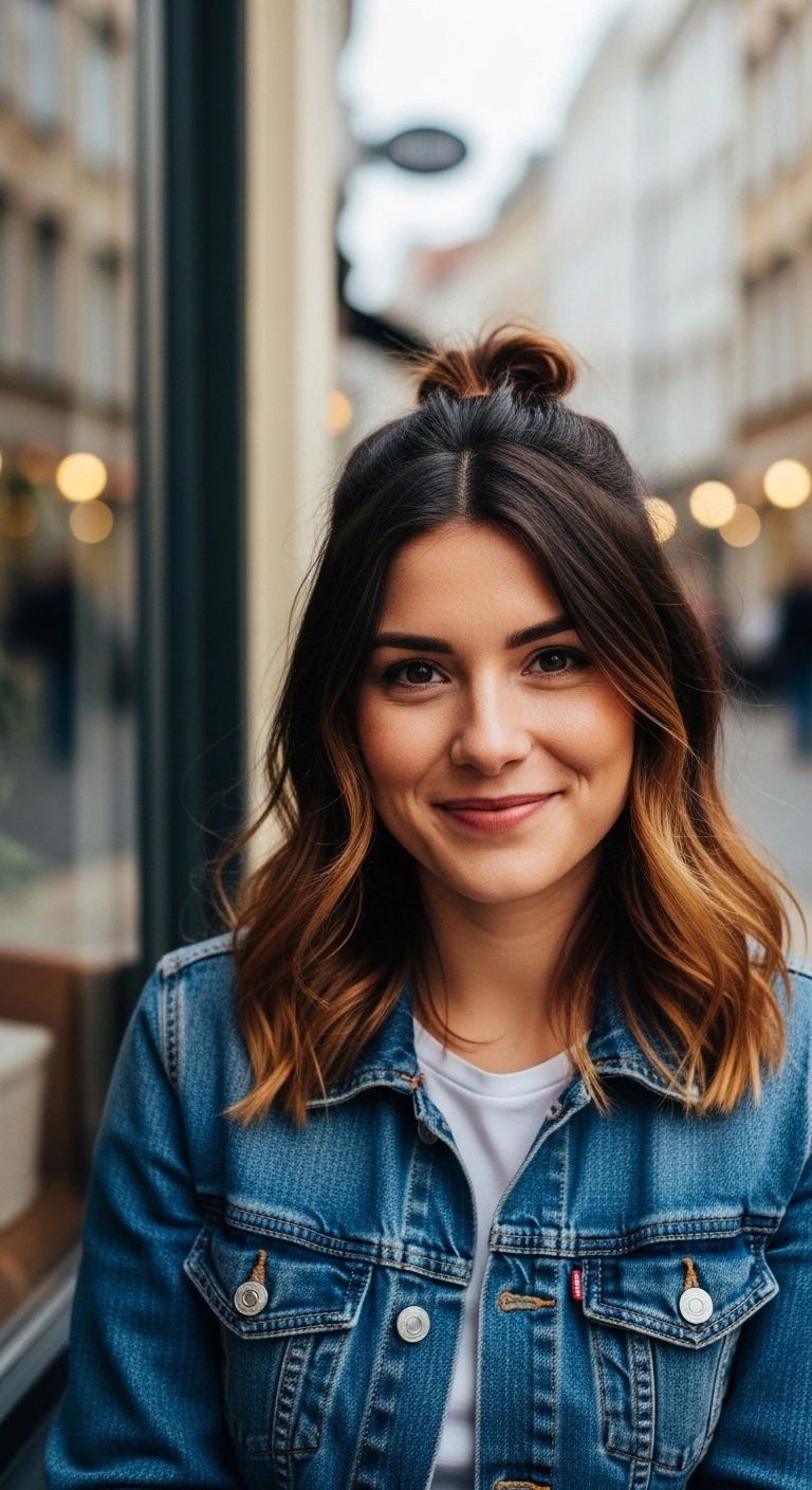 Half-Up Top Knot Wavy Lob with Warm Balayage