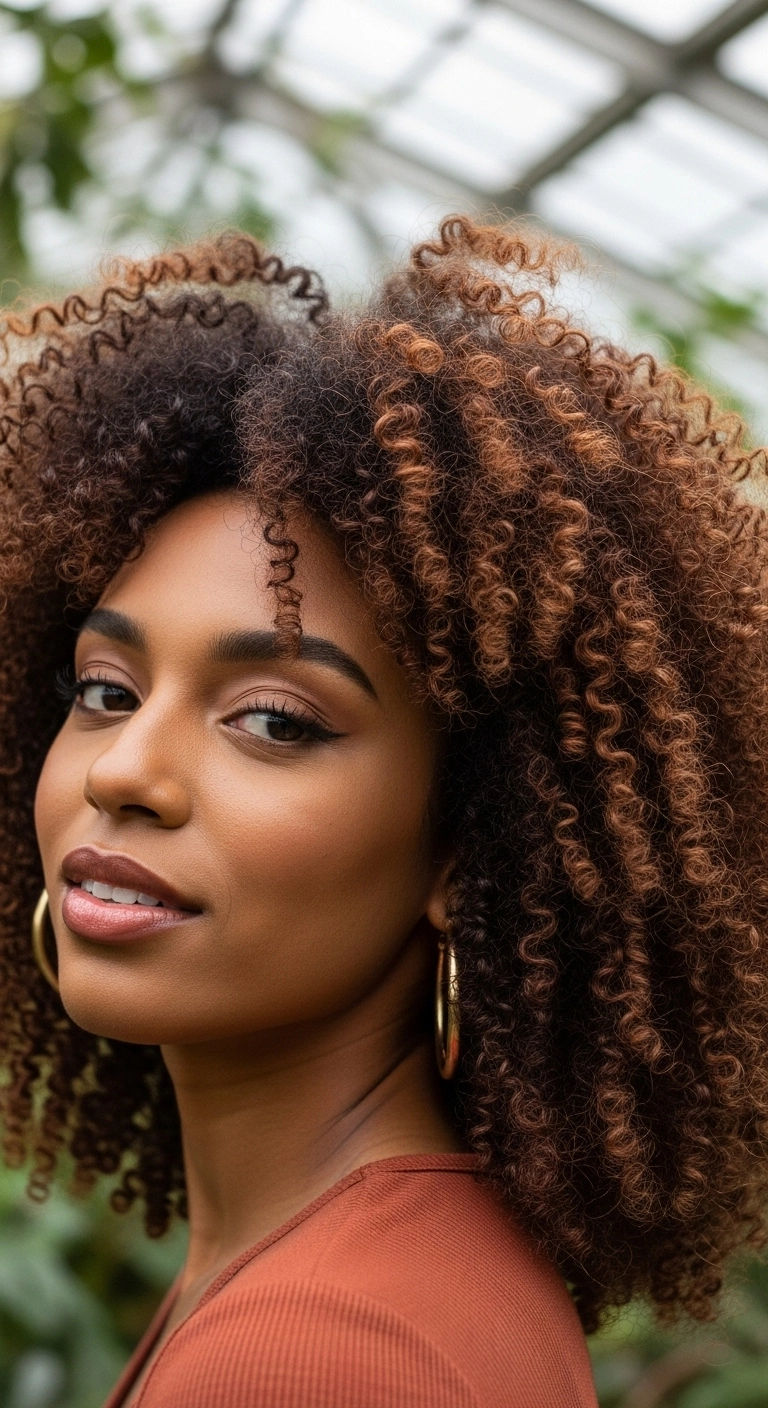 Warm Copper Balayage on Defined 3C-4A Ringlet Afro Cut