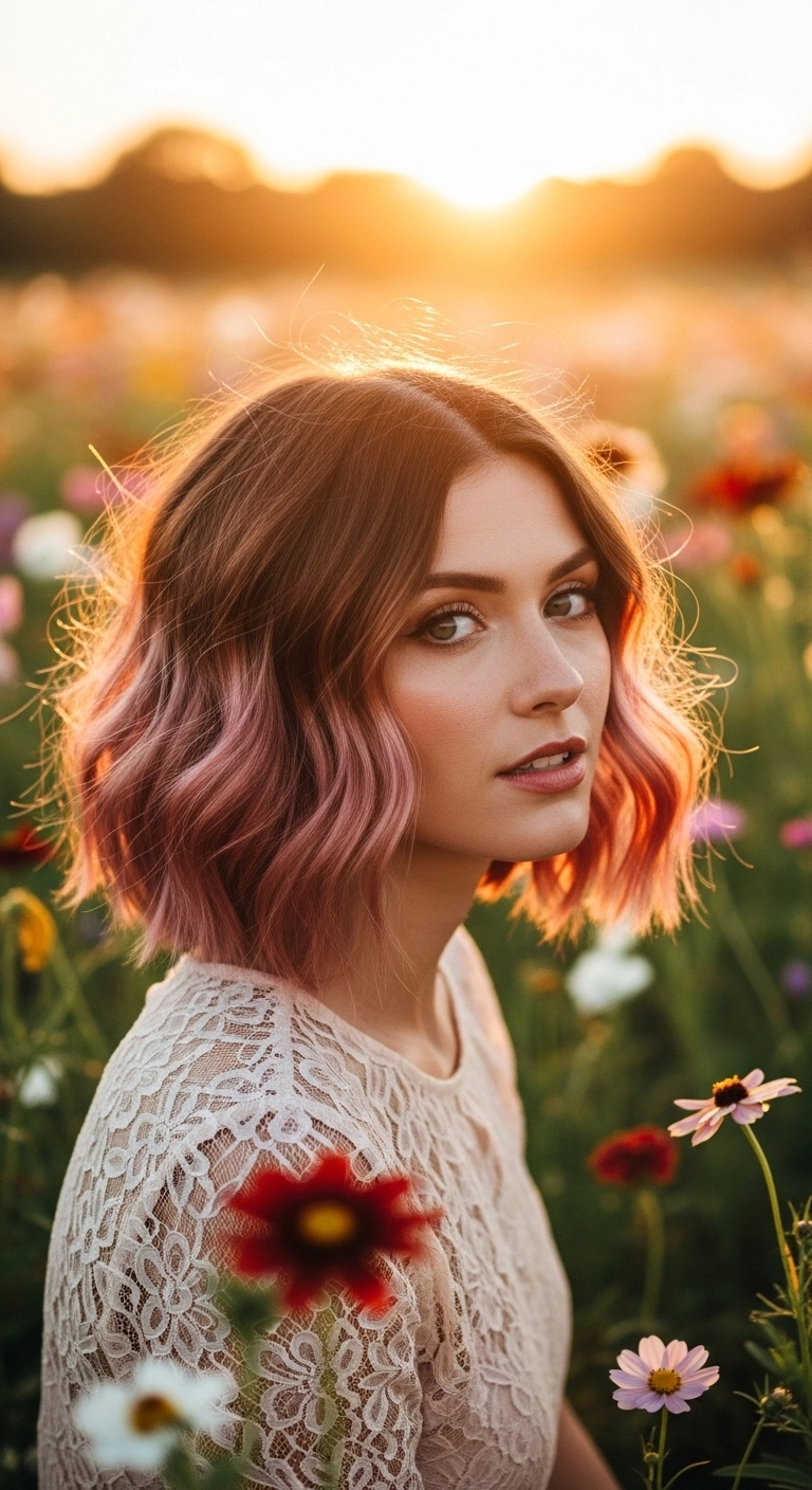 Pastel Pink Ombre Wavy Bob