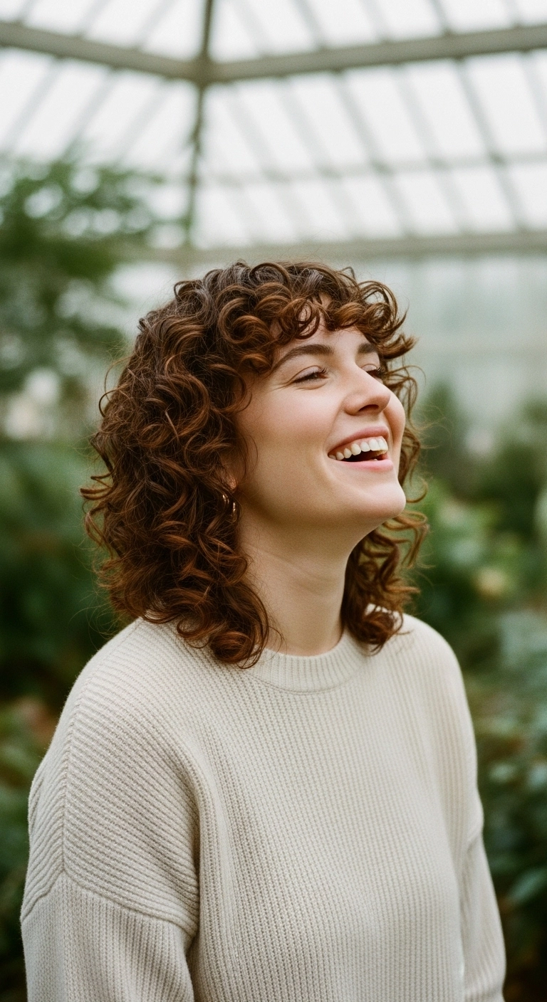 Warm Chestnut Curly Shag with Bouncy Fringe