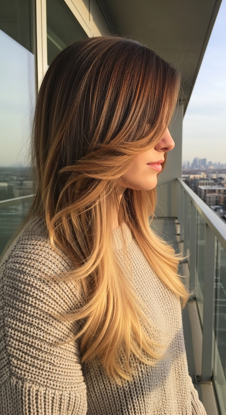 Honey Balayage 90s Blowout with Swoop Bangs