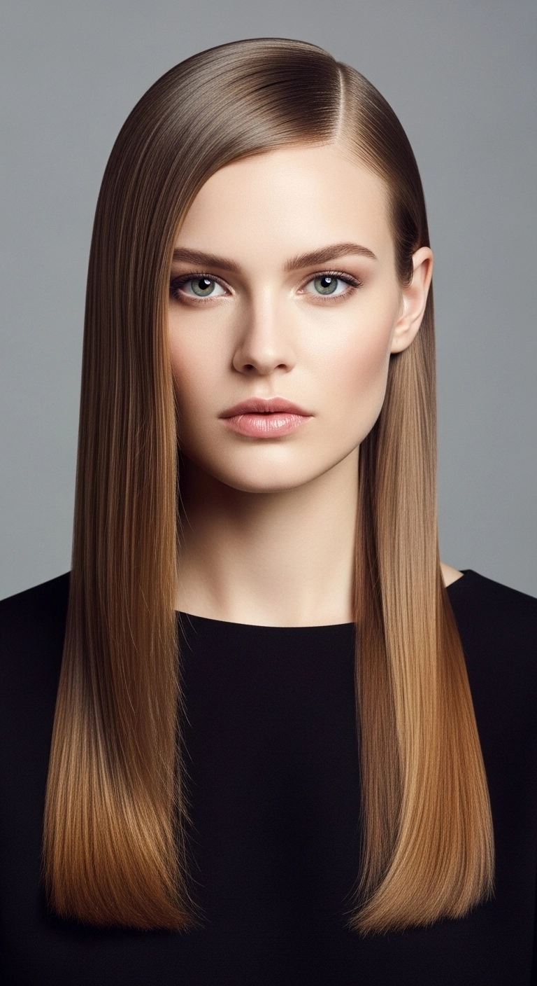 Ultra-Sleek Liquid Glass Hair with Deep Side Part