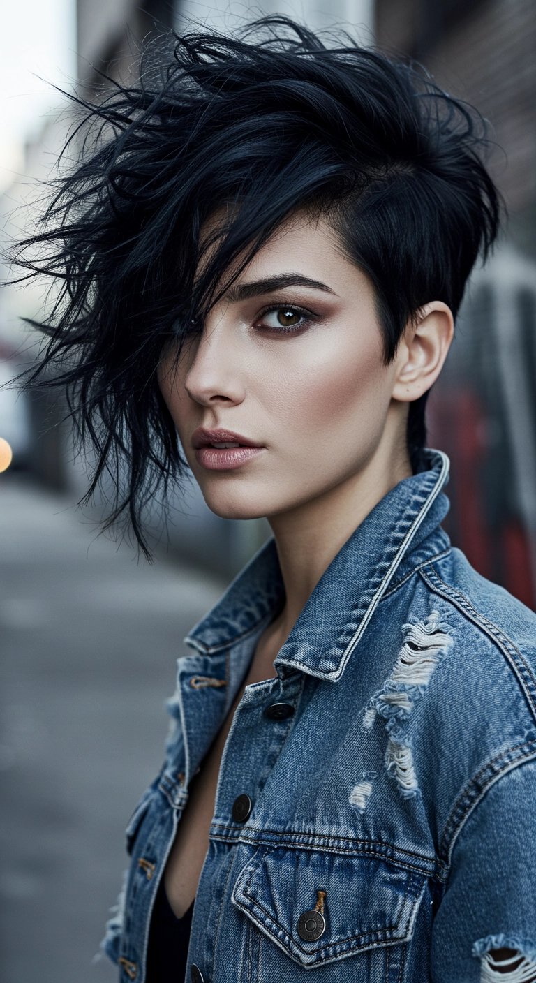 Jet Black Asymmetrical Textured Pixie Cut