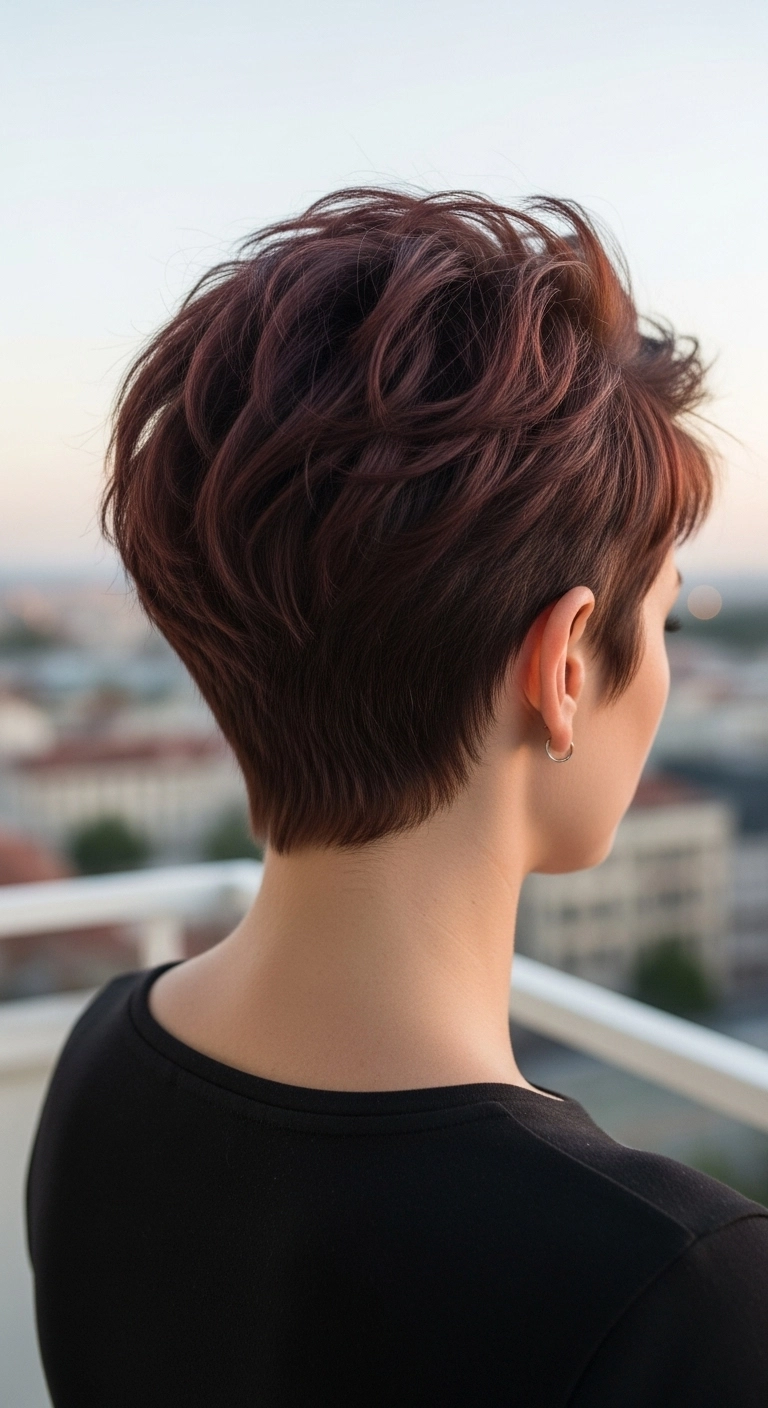 Textured Auburn-Brown Pixie with Tapered Nape