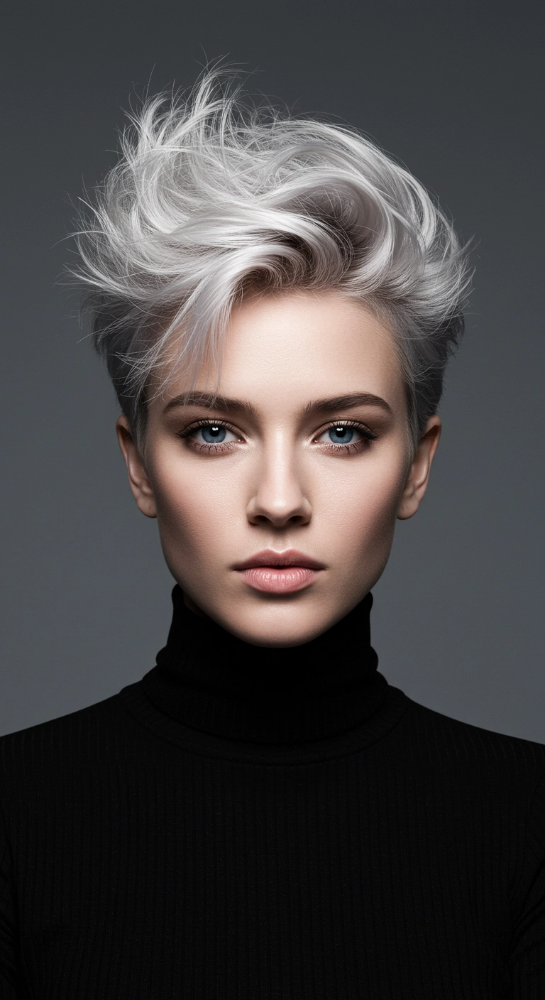 Icy Silver Voluminous Textured Pixie Cut