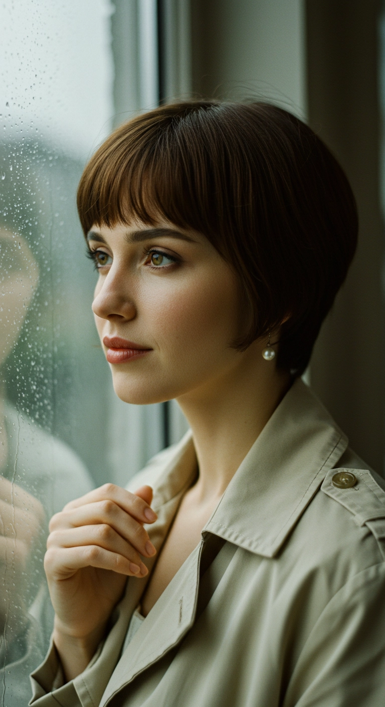 Classic French Chic Chestnut Pixie Cut with Wispy Micro Bangs