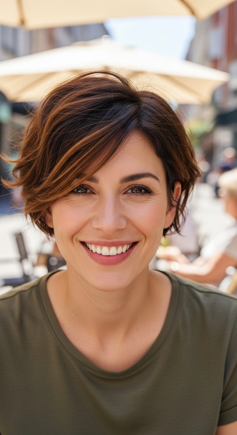 Textured Warm Chestnut Bixie Cut with Sweeping Fringe