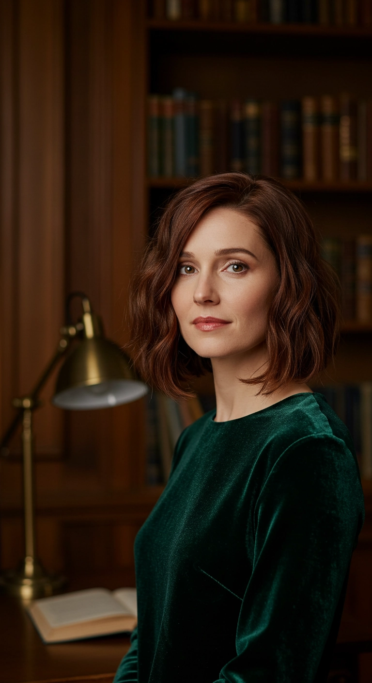 Wavy Auburn French Bob with Soft Side Part