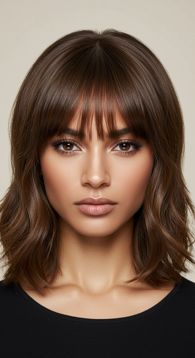 Effortless Chocolate Lob with Wispy French Bangs