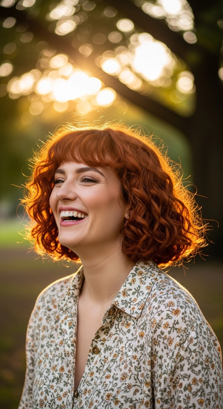 Warm Copper Wavy Bob with Soft Fringe