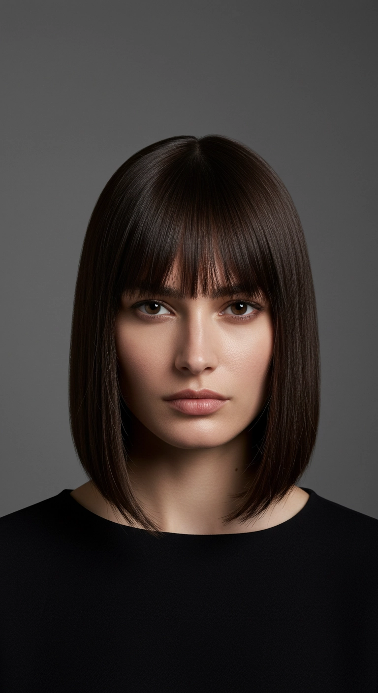 Glossy Dark Chocolate Lob with Wispy Bangs