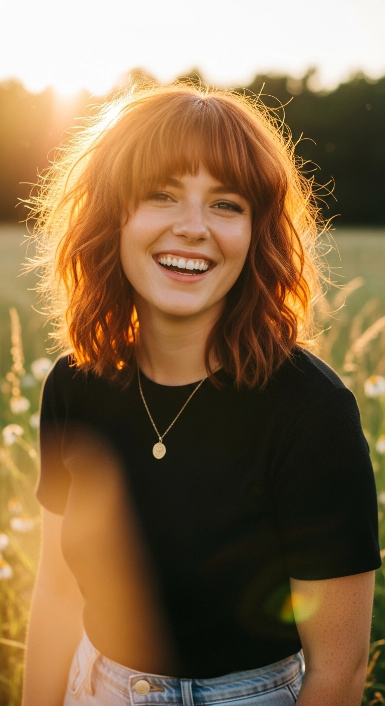 Effortless Wavy Copper Lob with Textured Bangs