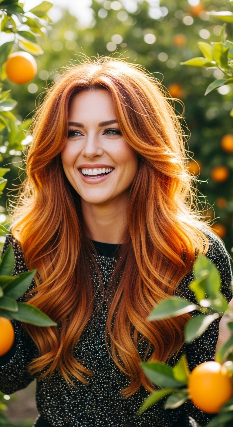Sunlit Copper Butterfly Cut with Sweeping Curtain Bangs