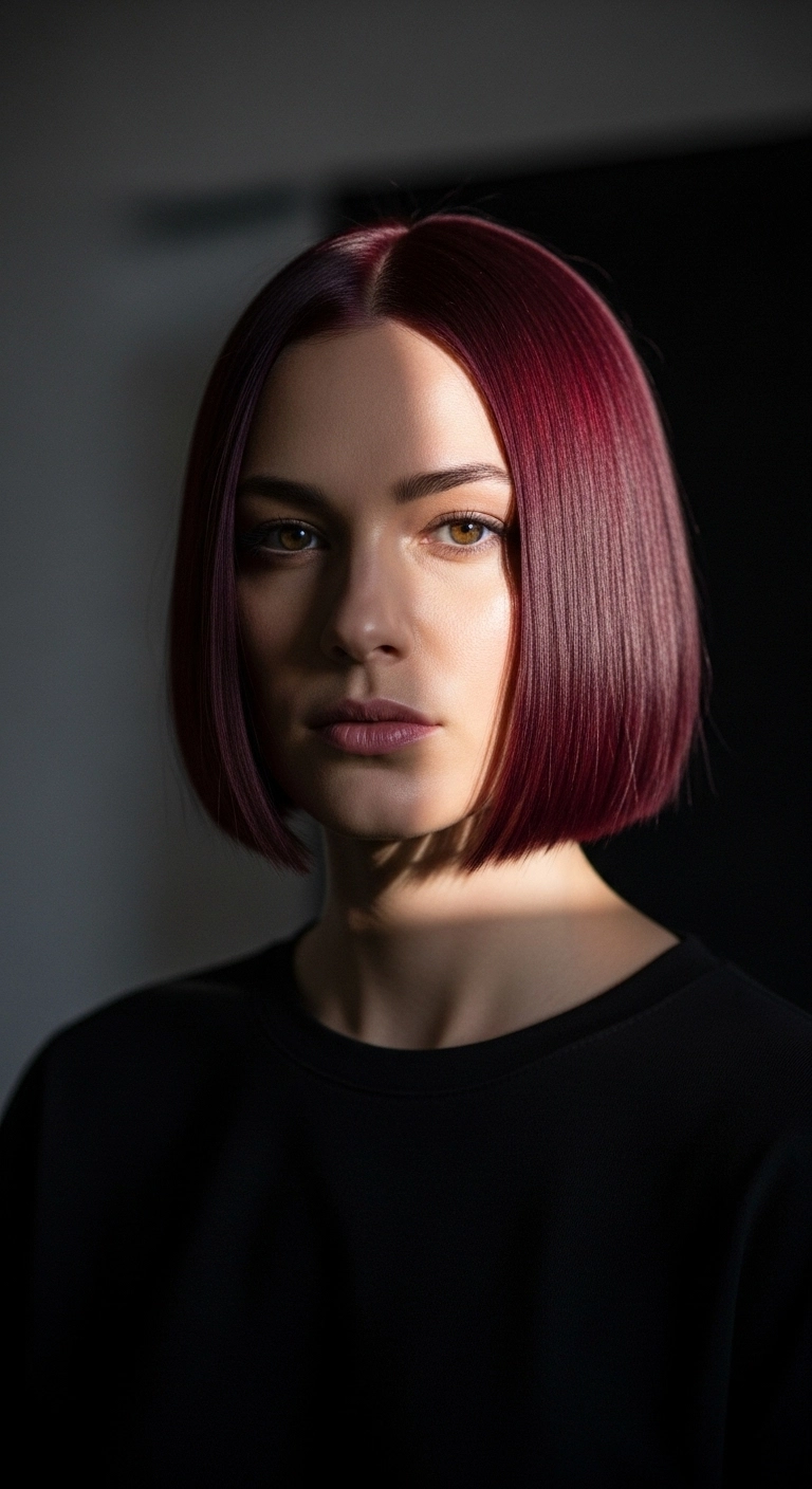Sleek Deep Burgundy Blunt Jawline Bob