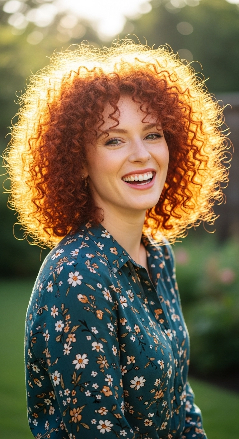 Fiery Copper Curly Lob with Bouncy Bangs
