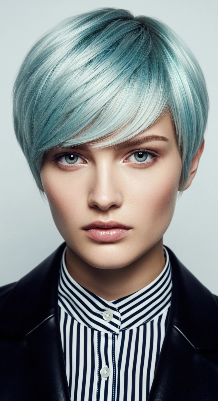 Icy Mint Side-Swept Layered Pixie Cut