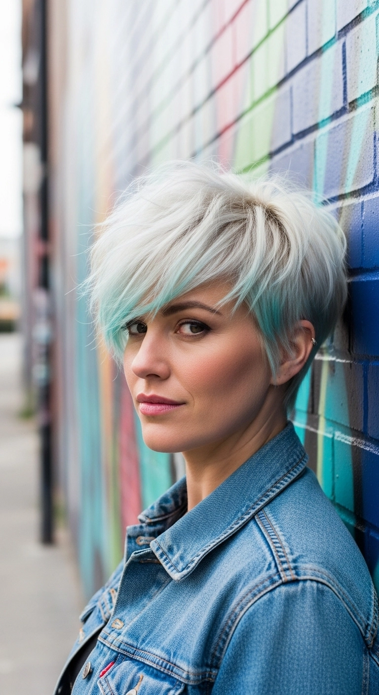 Icy Platinum Pixie Cut with Mint Underlights