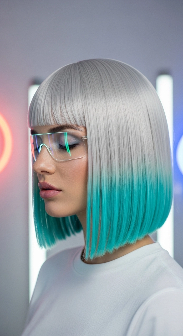 Cyberpunk Silver Blunt Bob with Aqua Dip-Dye Ends
