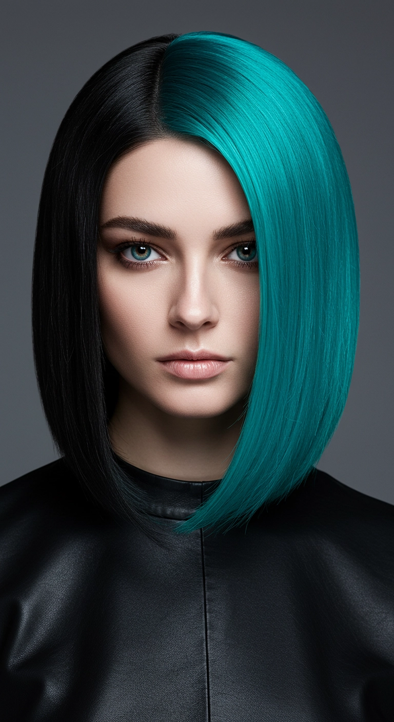 High-Contrast Black and Vivid Teal Split-Dye Sleek Bob