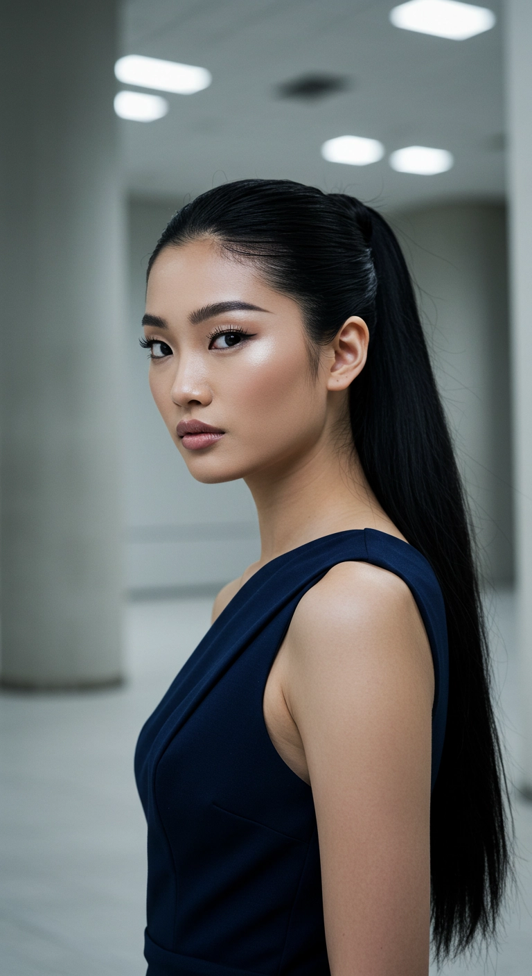 Ultra-Sleek High Ponytail for Extra Long Jet Black Hair