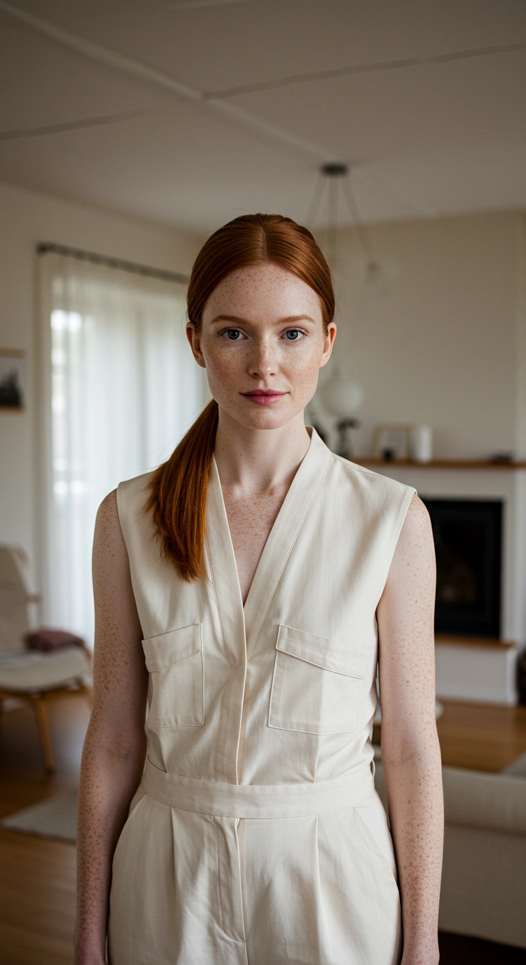 Sleek Low Copper Ponytail with Clean Center Part