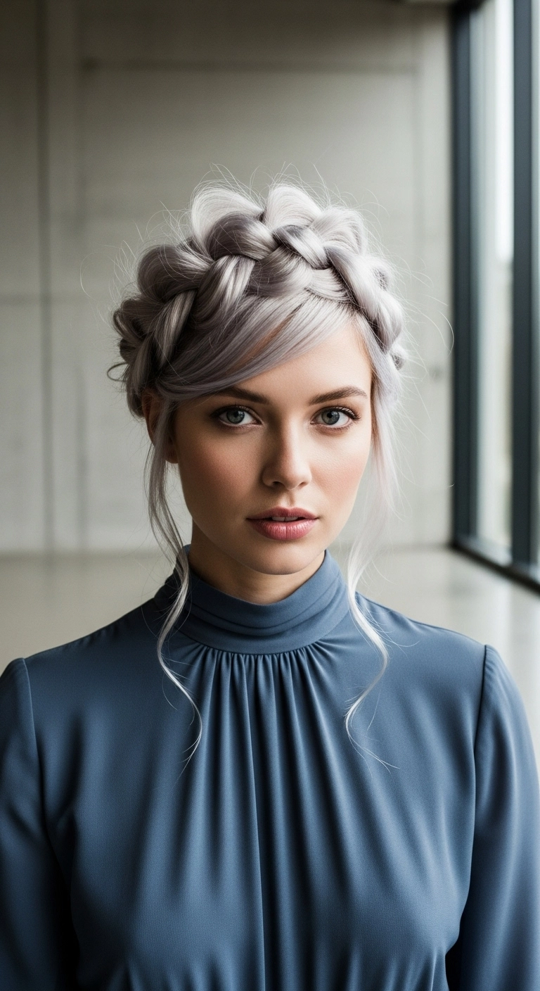 Voluminous Silver Crown Braid with Sweeping Bangs