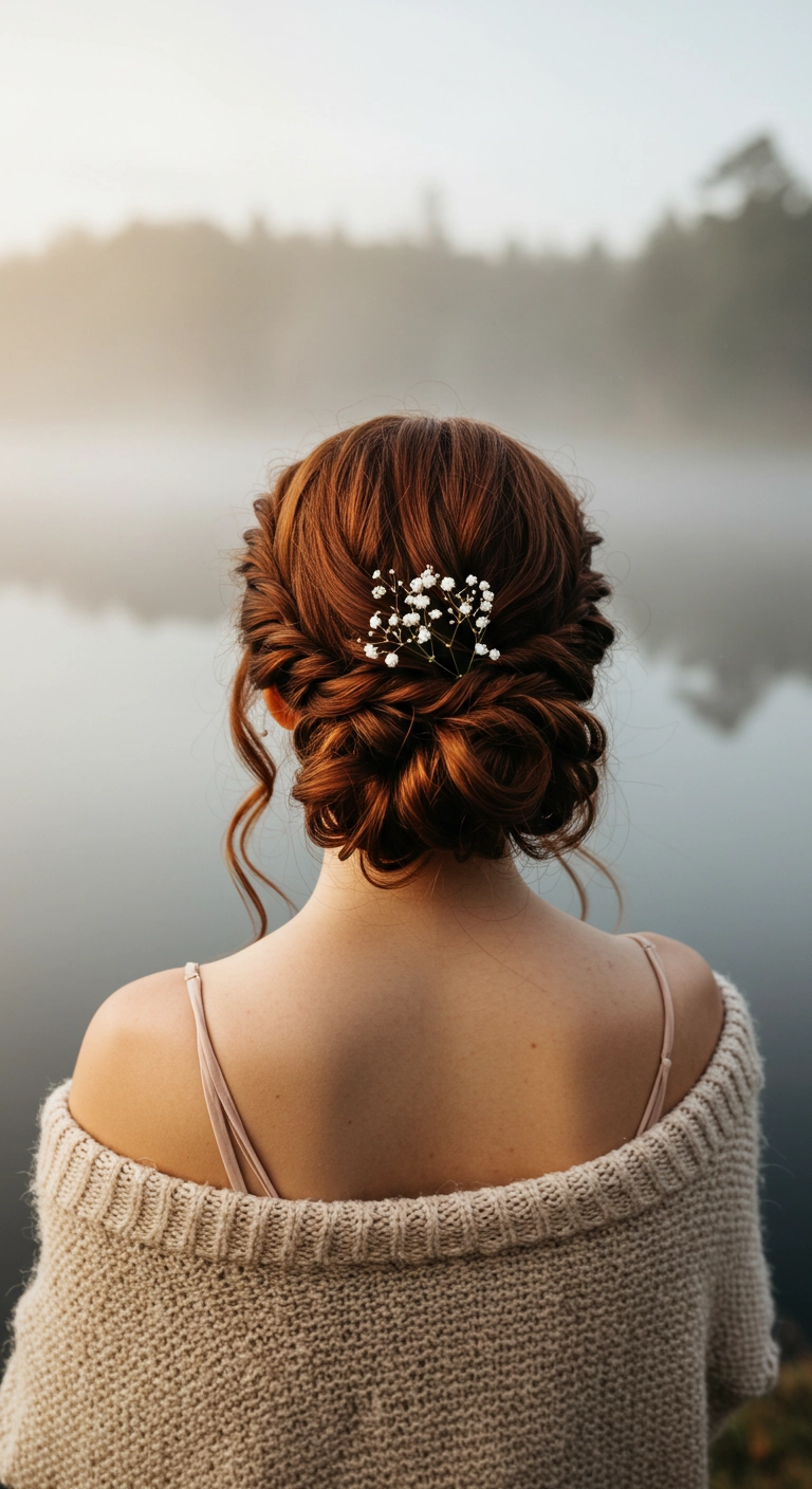 Romantic Textured Auburn Low Chignon with Baby's Breath