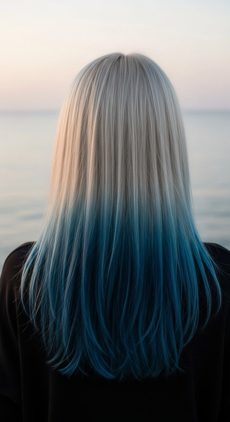 Icy Platinum to Ocean Blue Dip-Dye Ombré on Long Hair