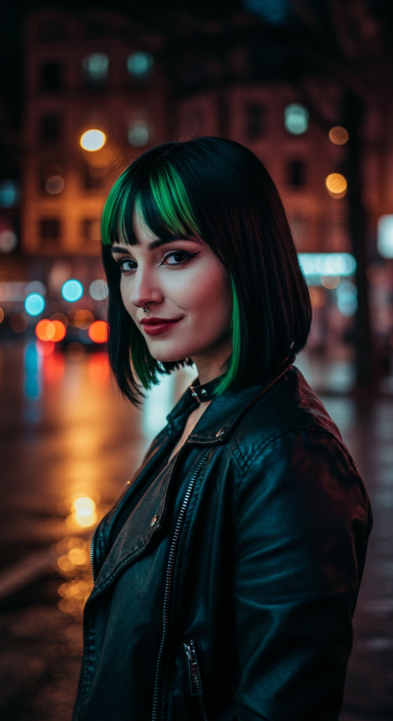 Sleek Jet Black Bob with Neon Green Fringe Money Piece