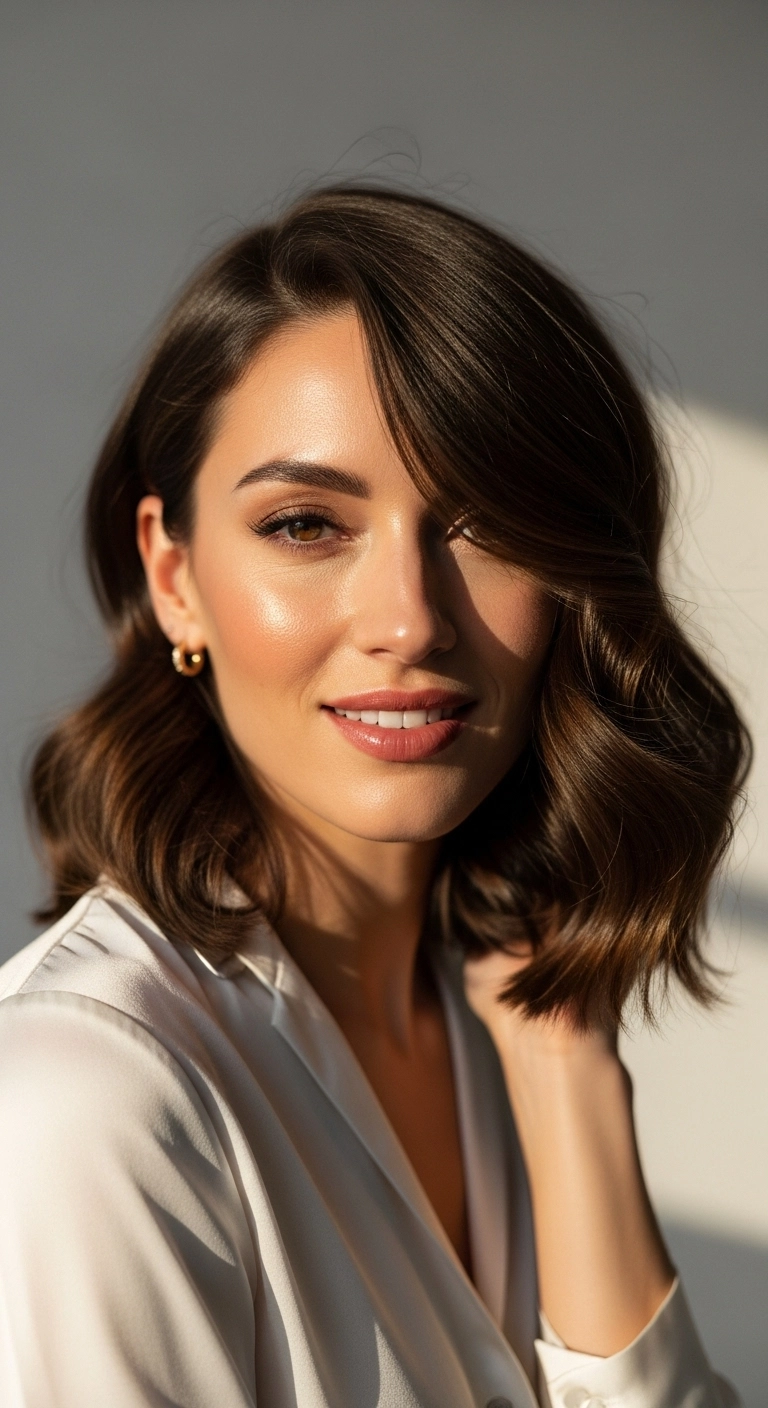 Glossy Chocolate Side-Parted Wavy Lob