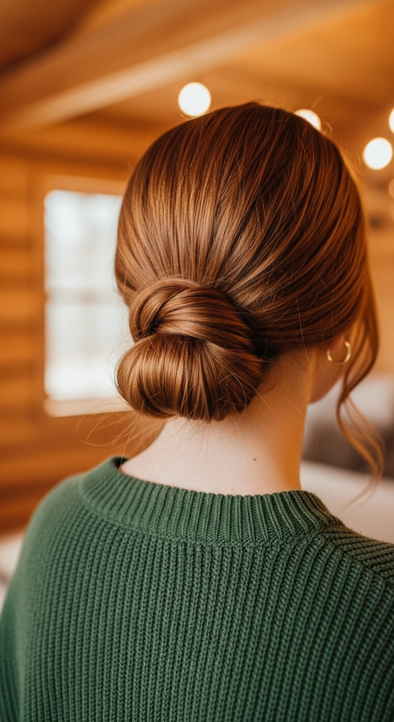 Sleek Low Rolled Chignon in Warm Auburn