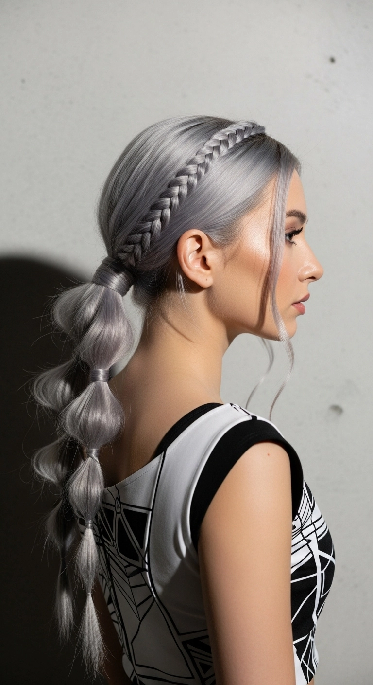 Metallic Silver Dutch Braid Bubble Ponytail
