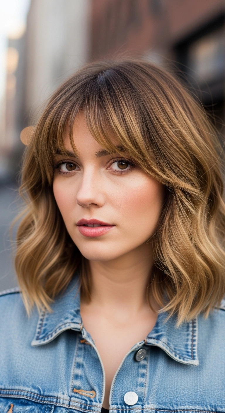 Lived-In Honey Balayage Lob with Curtain Bangs
