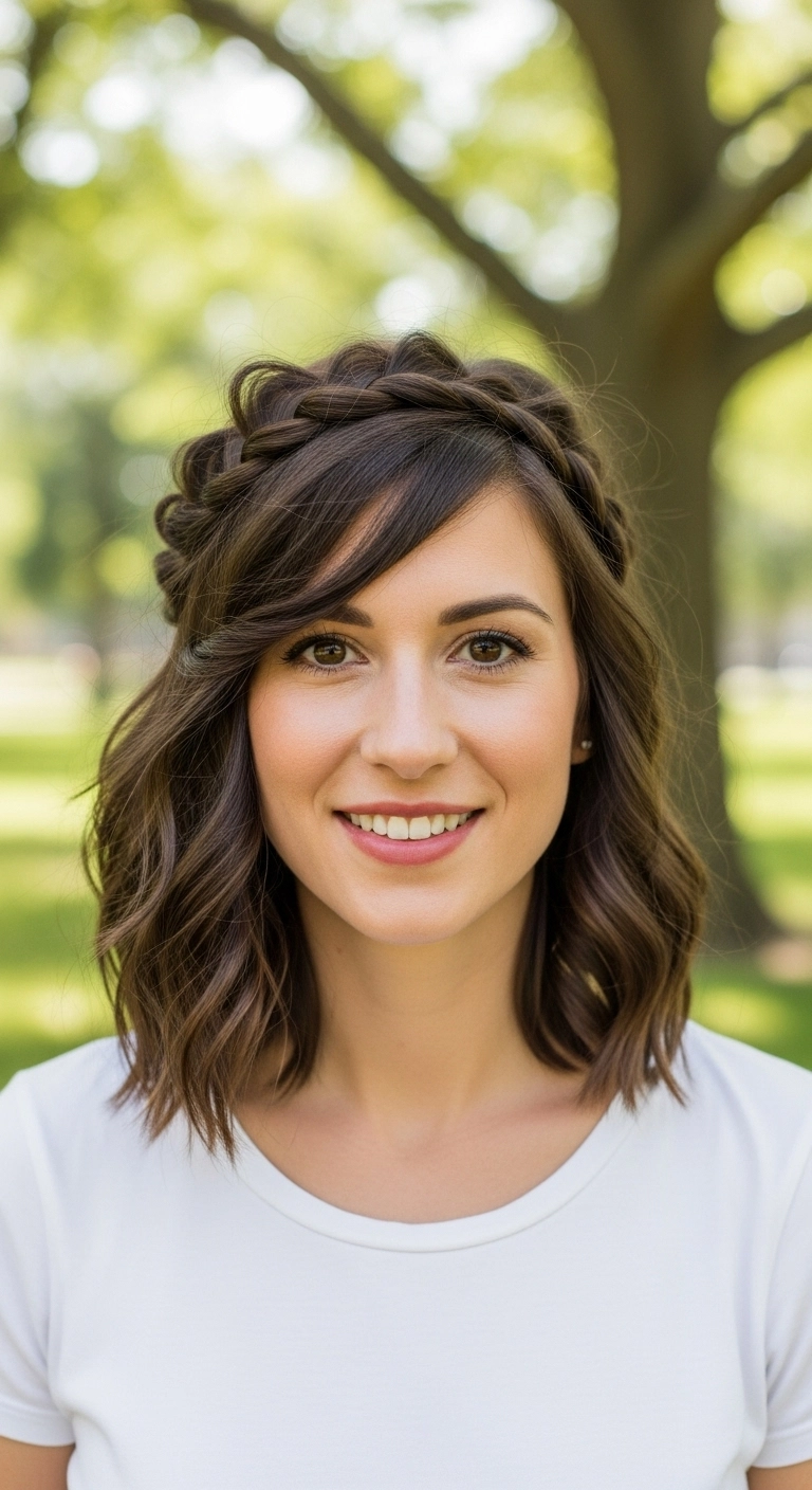 Boho Crown Braid Lob with Side-Swept Bangs