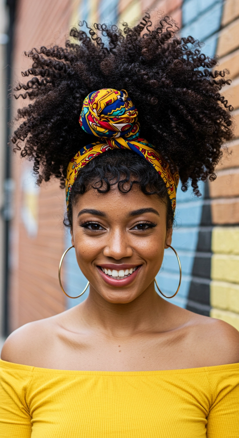 High Puff Pineapple Updo with Patterned Headwrap and Curly Fringe