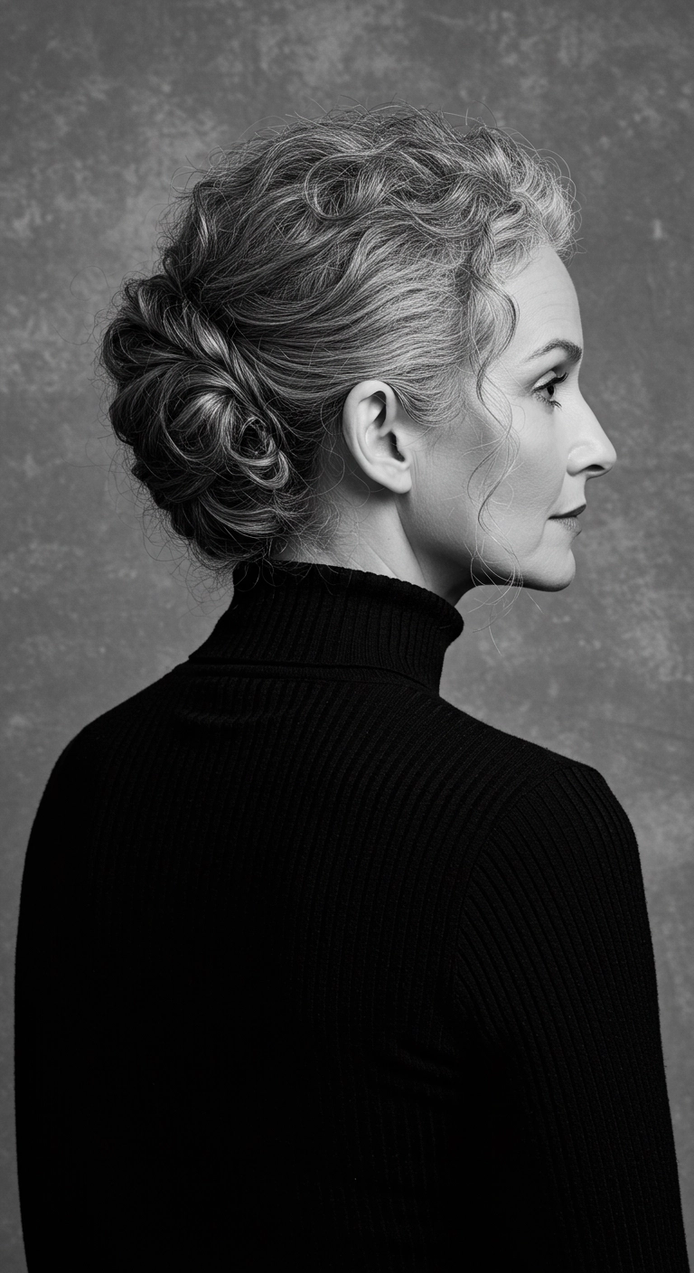 Sculpted Textured Low Chignon on Natural Silver Curls