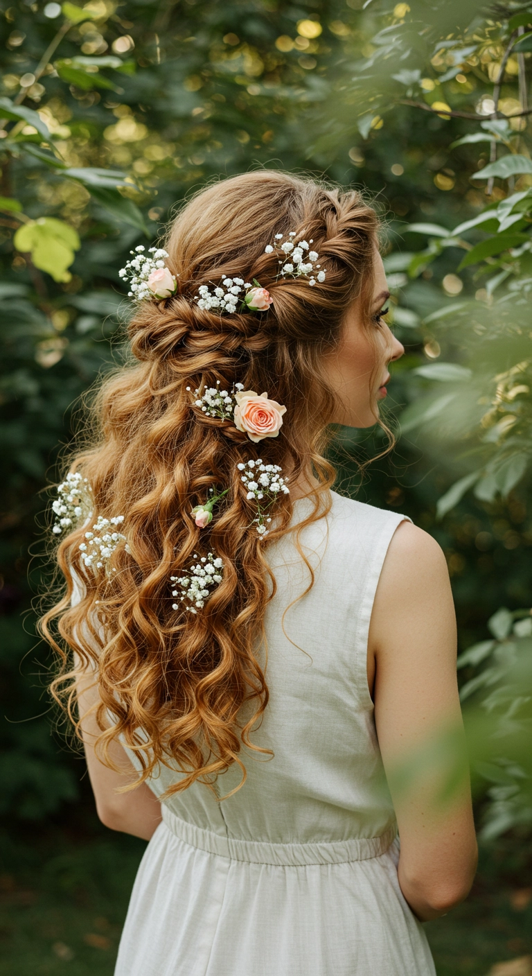 Romantic Half-Up Dutch Braid with Cascading Curls and Floral Accents