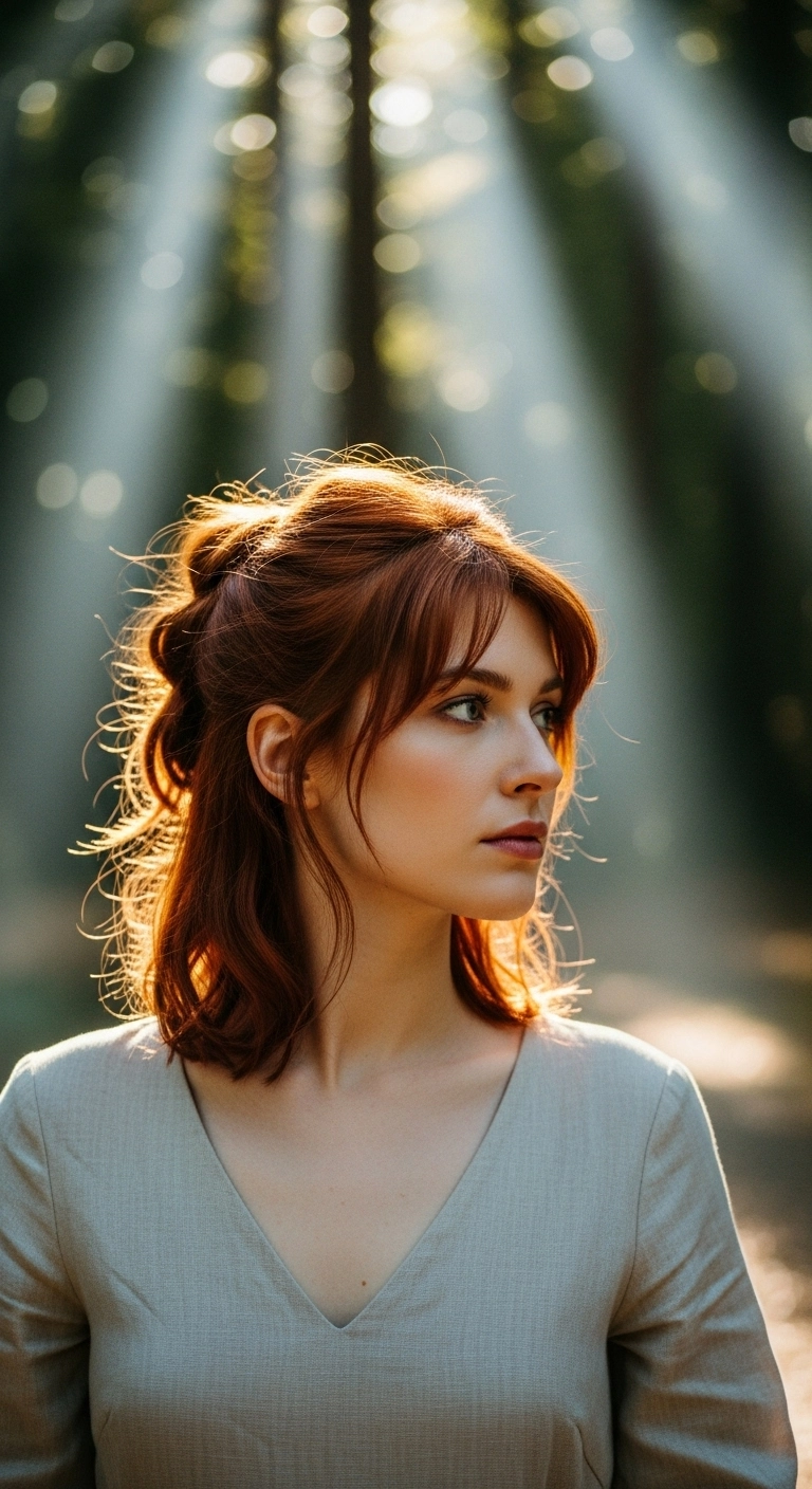 Romantic Auburn Half-Up Lob with Curtain Bangs