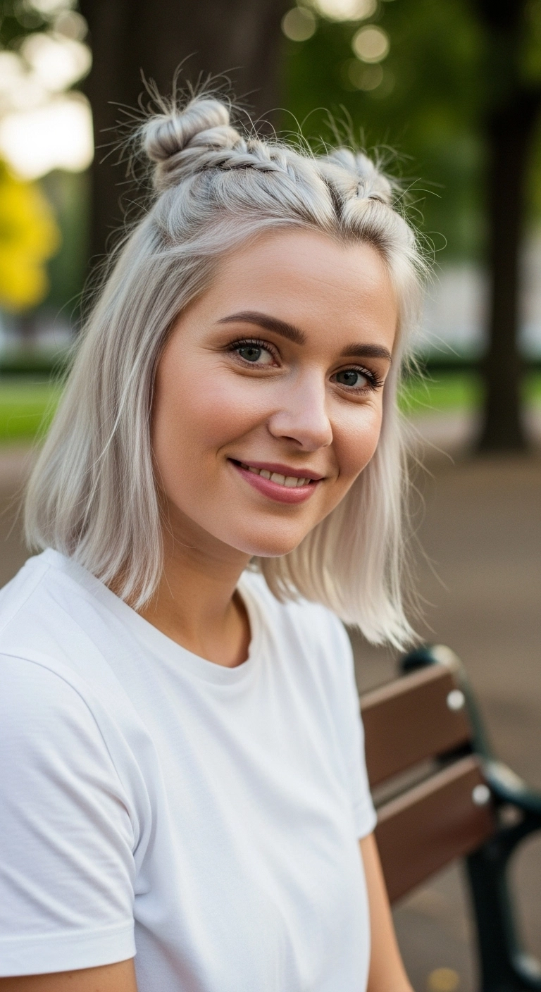 Icy Platinum Half-Up Braided Space Buns