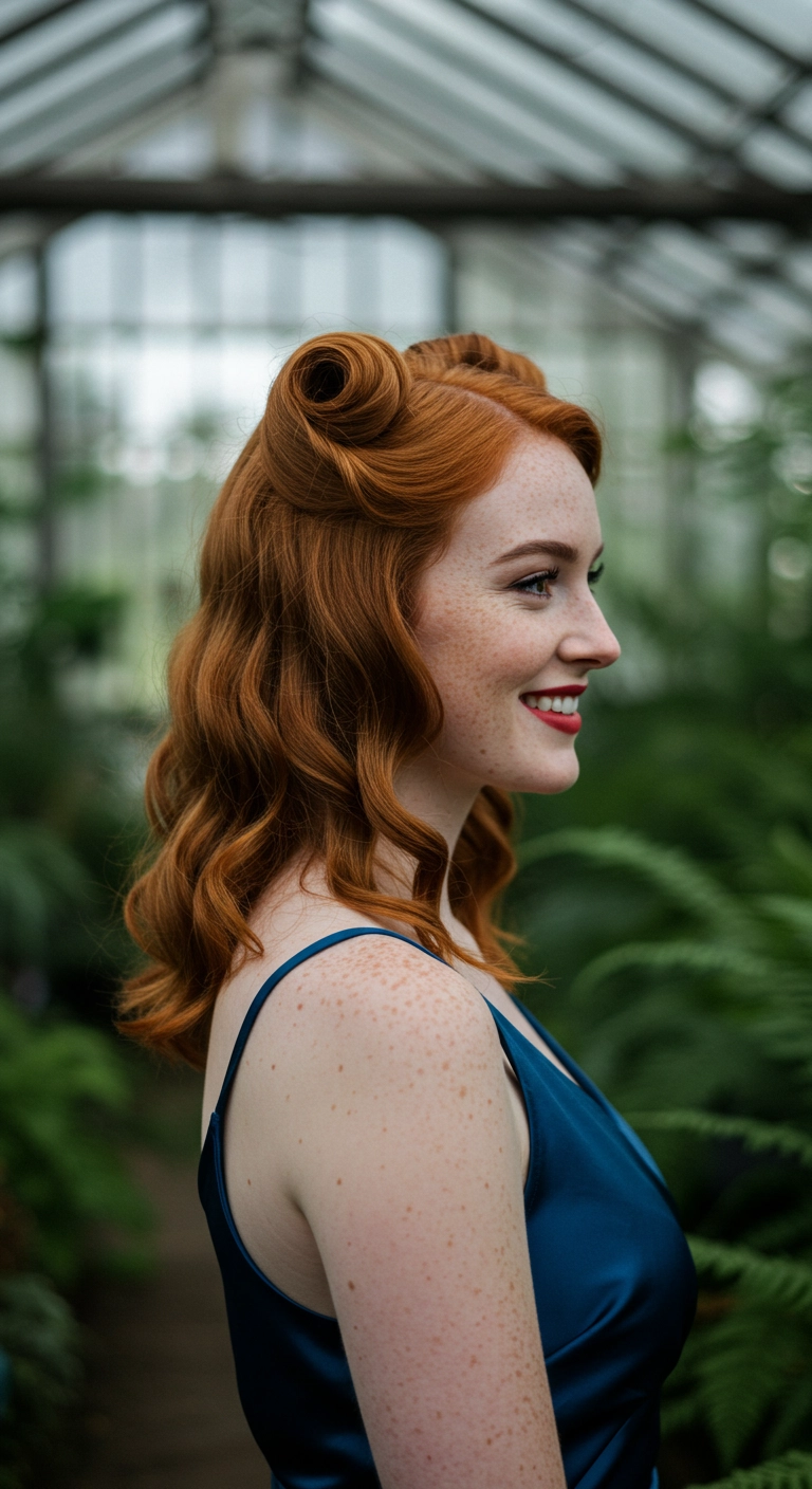 Vintage Copper Victory Rolls with Classic Waves