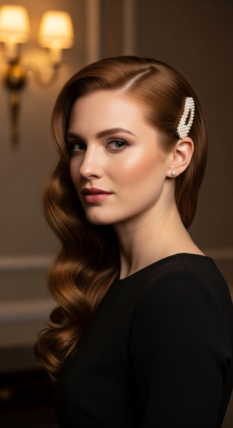 Glossy Auburn Hollywood Waves with Pearl Barrette Accent
