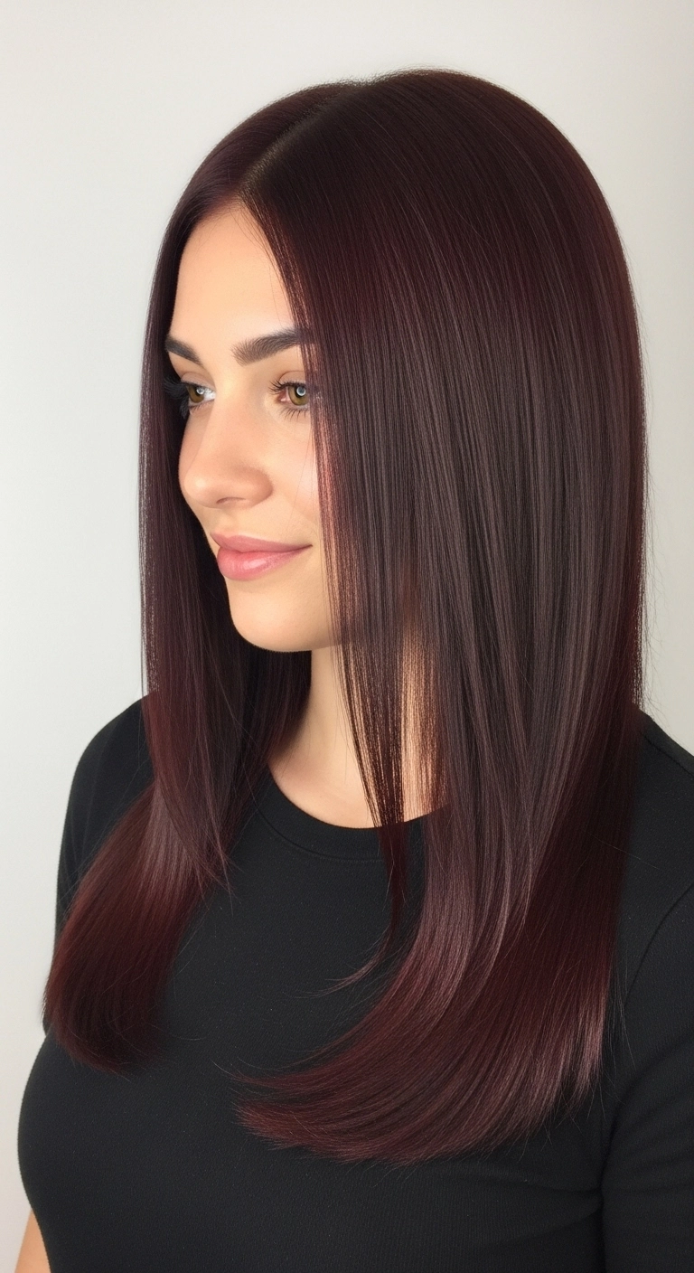 Sleek Deep Burgundy Silk Press with Subtle Layers