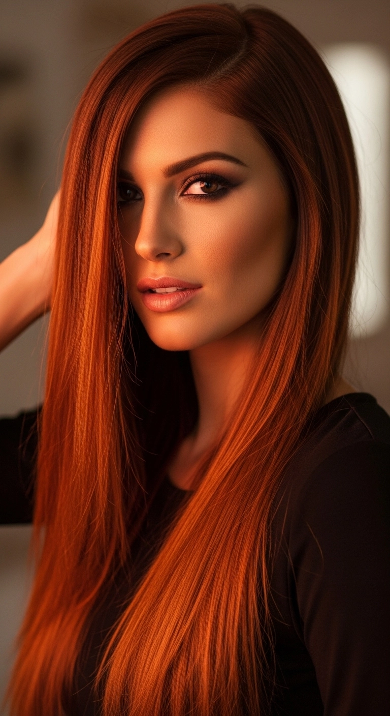 Fiery Sleek Copper Long Straight Silk Blowout