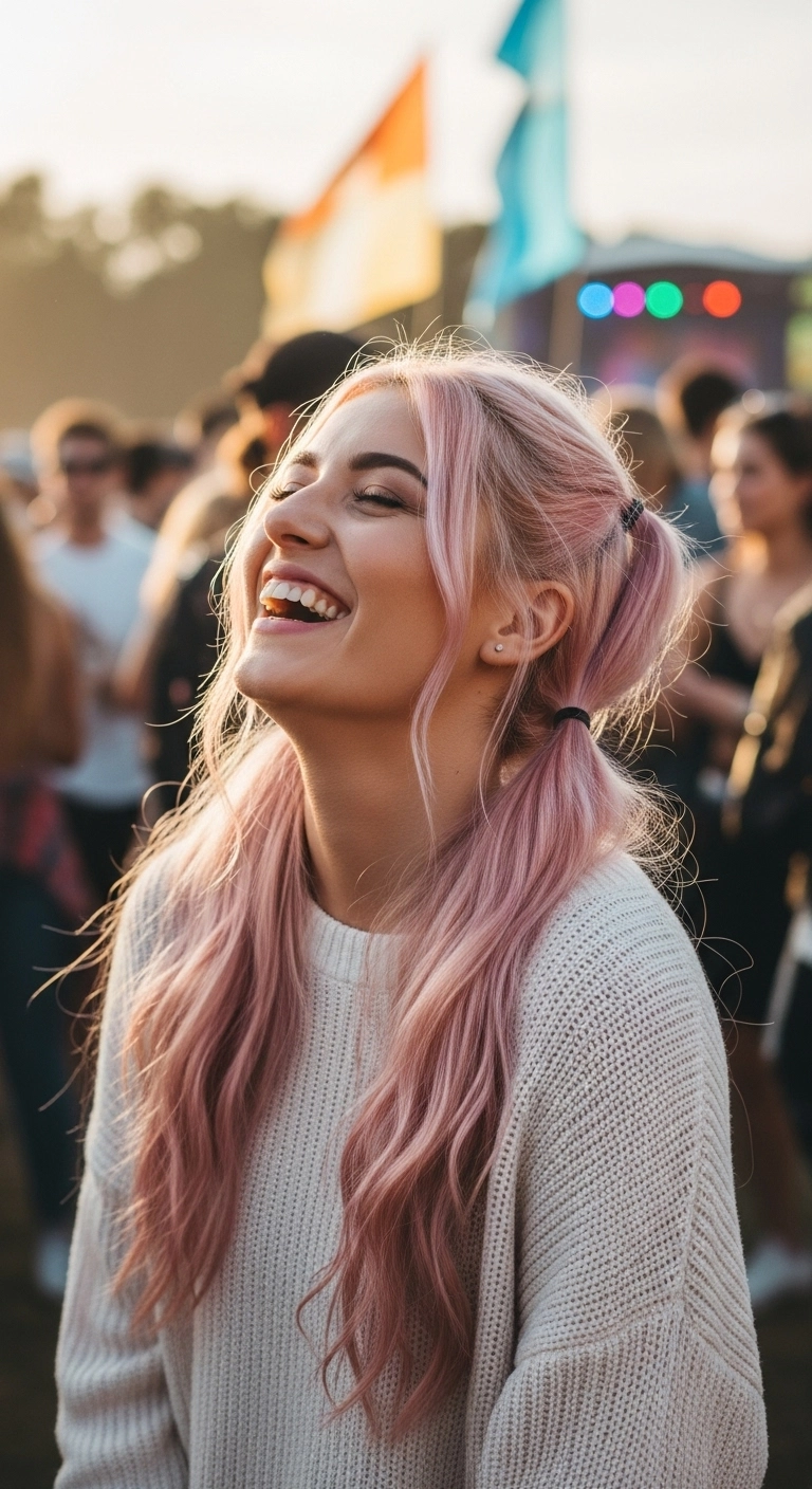 Pastel Pink Low Pigtails with Face-Framing Waves