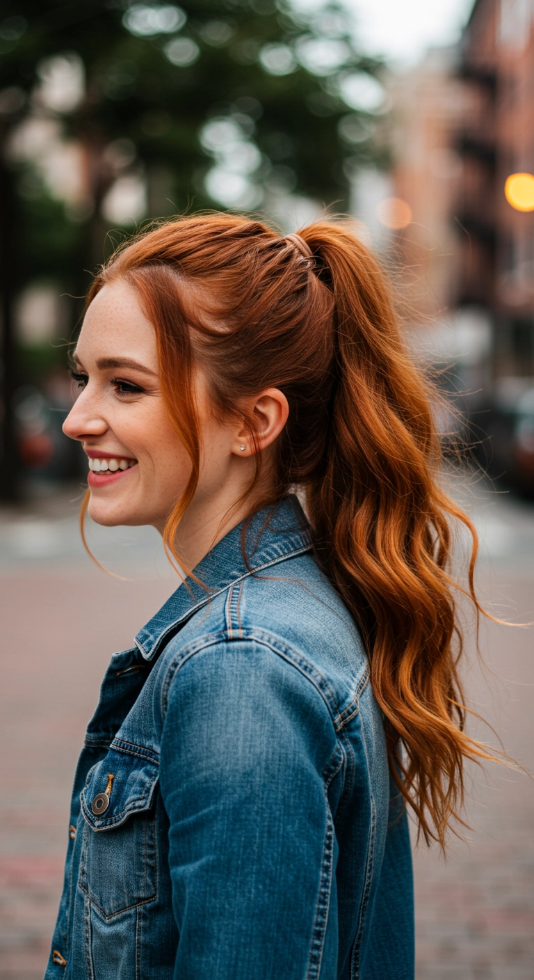 Voluminous Copper High Ponytail with Soft Waves